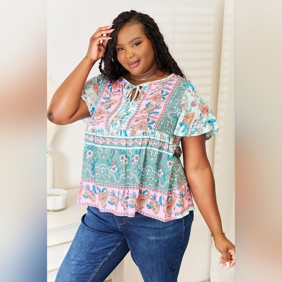 Double Take Floral Multi Color Tie Neck Short Sleeve Blouse 20%OFF - Picture 3 of 9